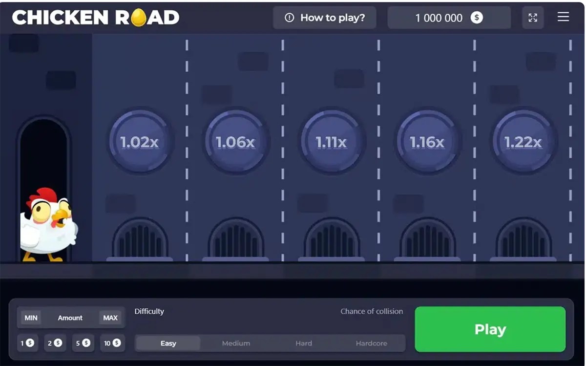 Screenshot of the Chicken Road game screen showing a cartoon chicken at the start of a multi-lane road with early multipliers (1.02x, 1.06x, 1.11x, 1.16x, 1.22x), a “How to play?” menu at the top, and a bottom control bar with bet amount options, difficulty selection, and a large green “Play” button.