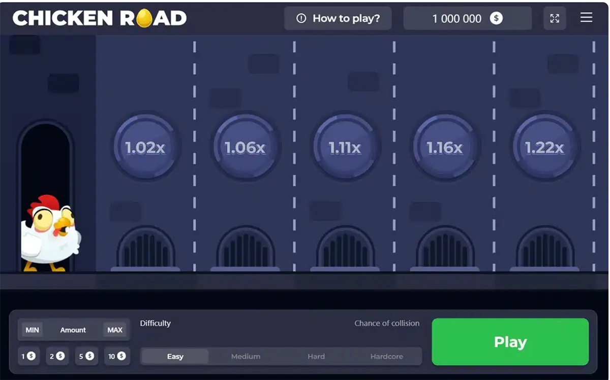 Screenshot of the Chicken Road game screen showing a cartoon chicken at the start of a multi-lane road with early multipliers (1.02x, 1.06x, 1.11x, 1.16x, 1.22x), a “How to play?” menu at the top, and a bottom control bar with bet amount options, difficulty selection, and a large green “Play” button.