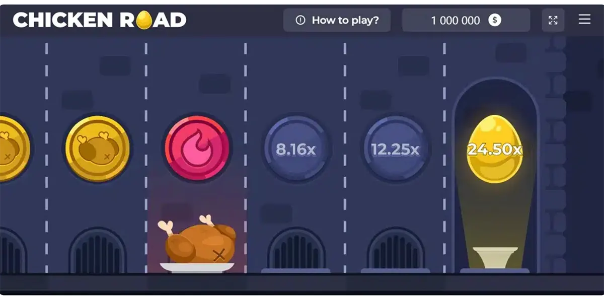 Screenshot of the Chicken Road gameplay showing several lanes with icons and multipliers, including a fire hazard symbol above a cooked chicken, mid-game multiplier coins (8.16x and 12.25x), and a glowing golden egg payout on the right marked 24.50x.